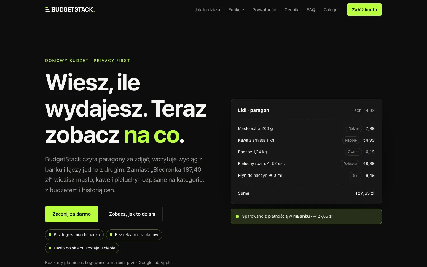 Landing BudgetStack: nagłówek obok paragonu z Lidla rozpisanego na kategorie i sparowanego z płatnością kartą w mBanku